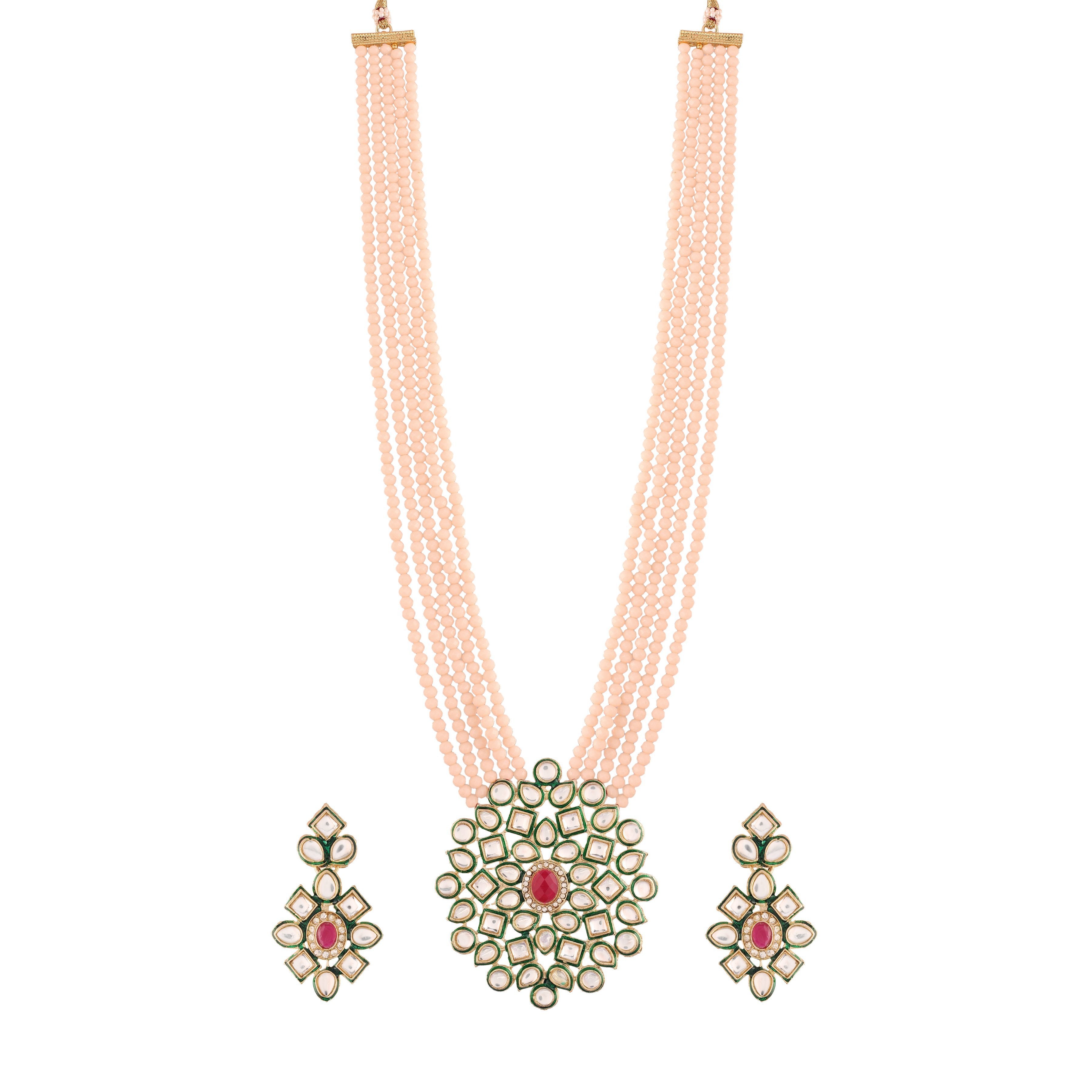 Women's 5 Layered Emerald Onyx Crystal Beads Necklace Set Glided With Uncut Polki Kundan - i jewels