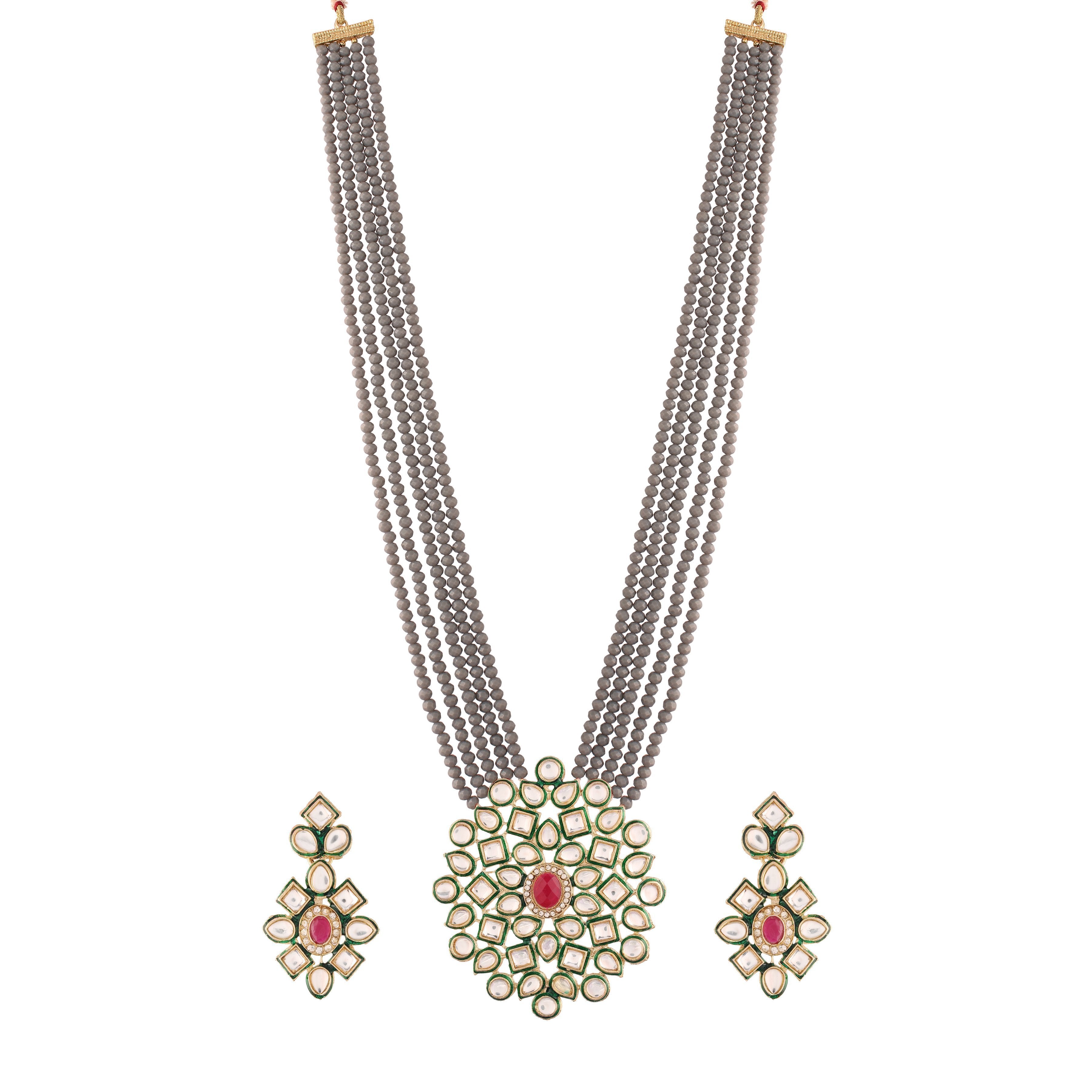 Women's 5 Layered Grey Onyx Crystal Beads Necklace Set Glided With Uncut Polki Kundan - i jewels
