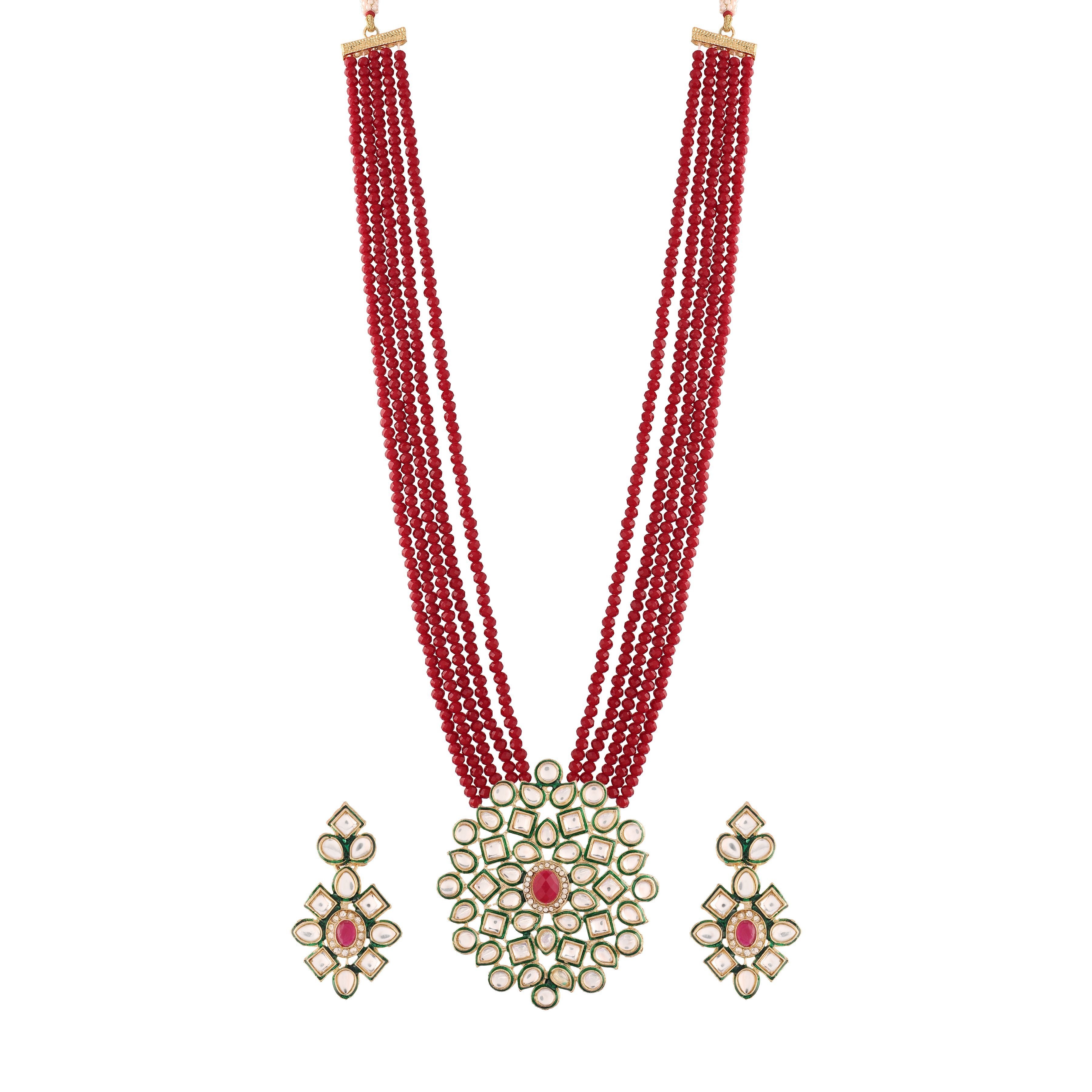 Women's 5 Layered Maroon Onyx Crystal Beads Necklace Set Glided With Uncut Polki Kundan - i jewels