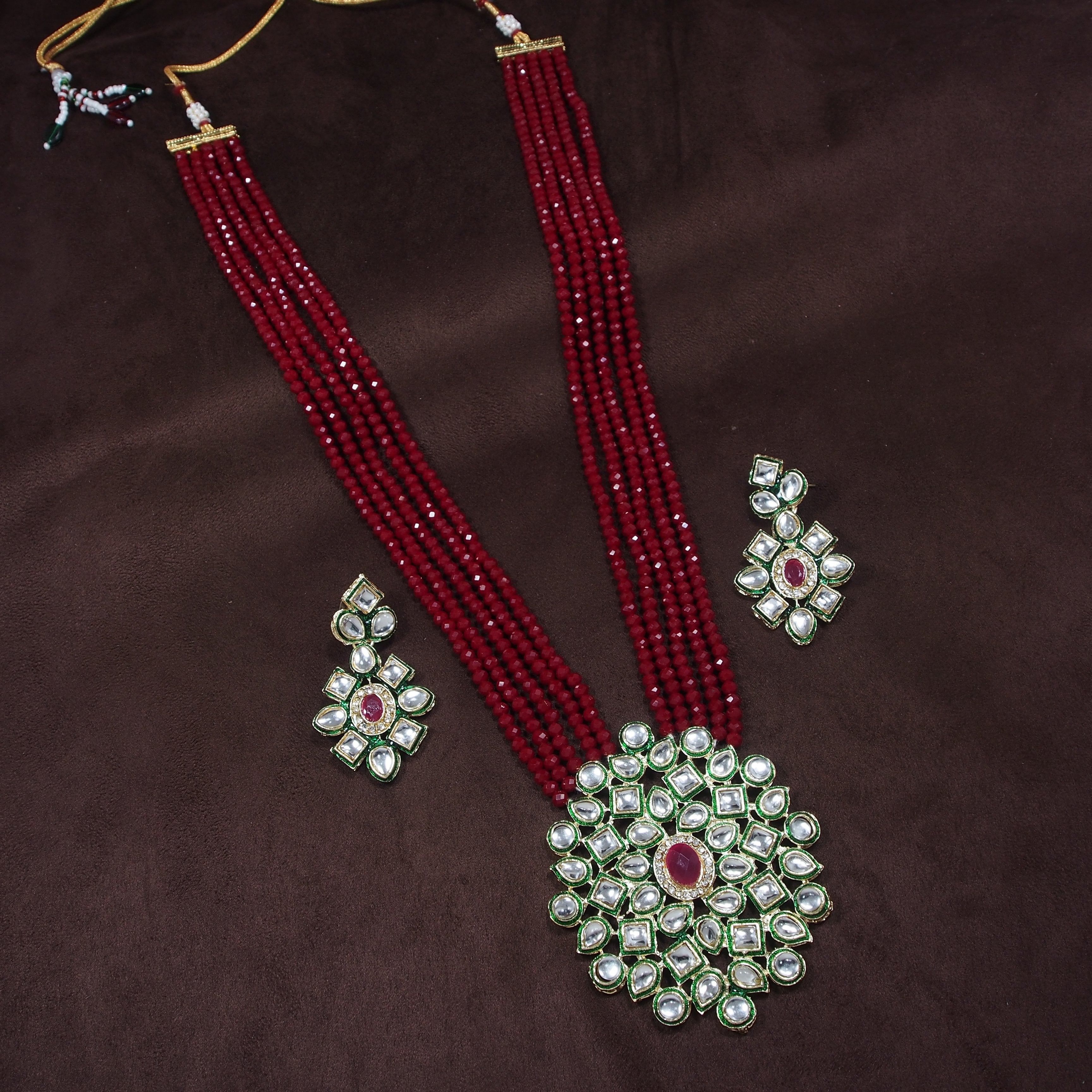 Women's 5 Layered Maroon Onyx Crystal Beads Necklace Set Glided With Uncut Polki Kundan - i jewels