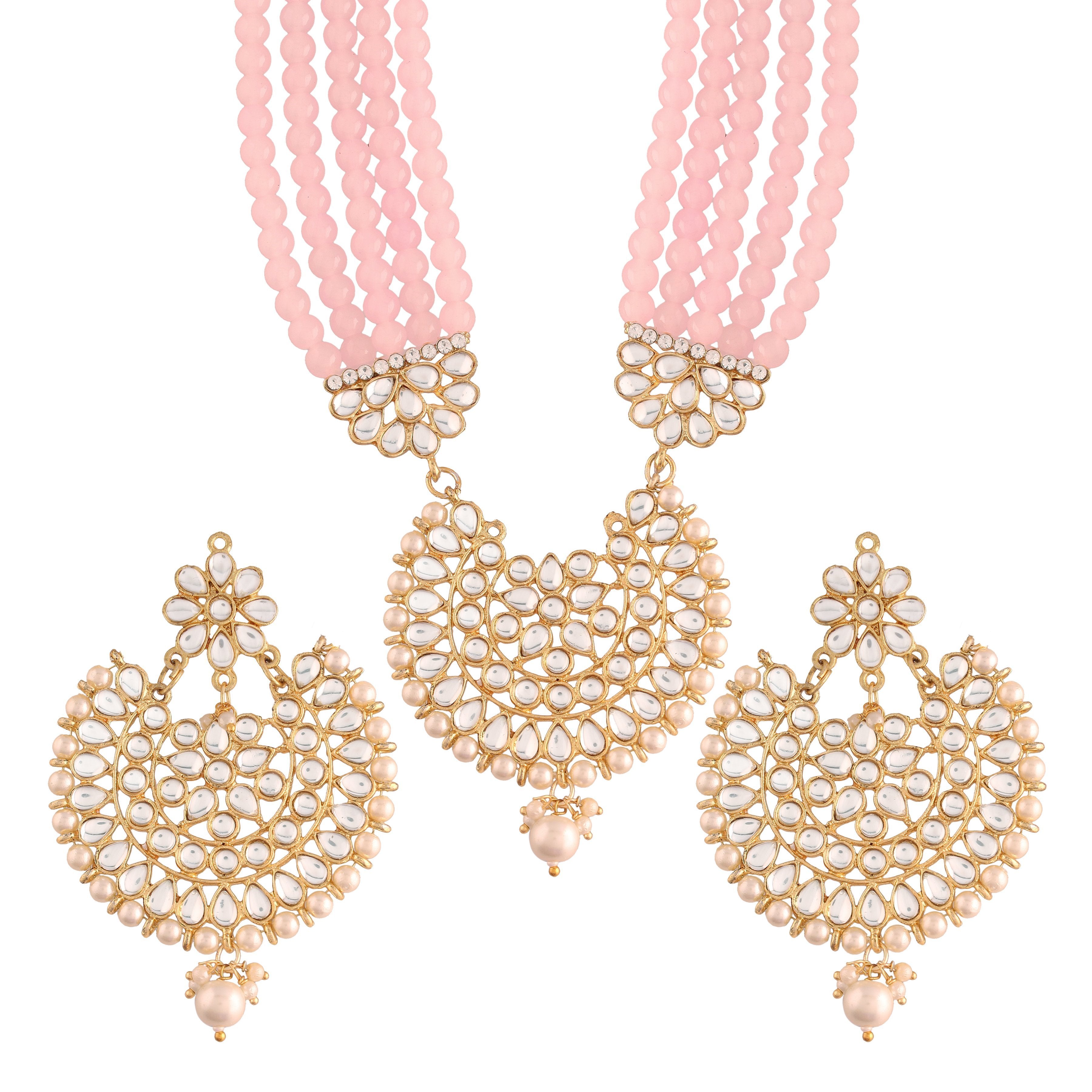 Women's Gold Plated Pink Ethnic 5 Layer Kundan Pearl Studded Long Necklace Set - i jewels