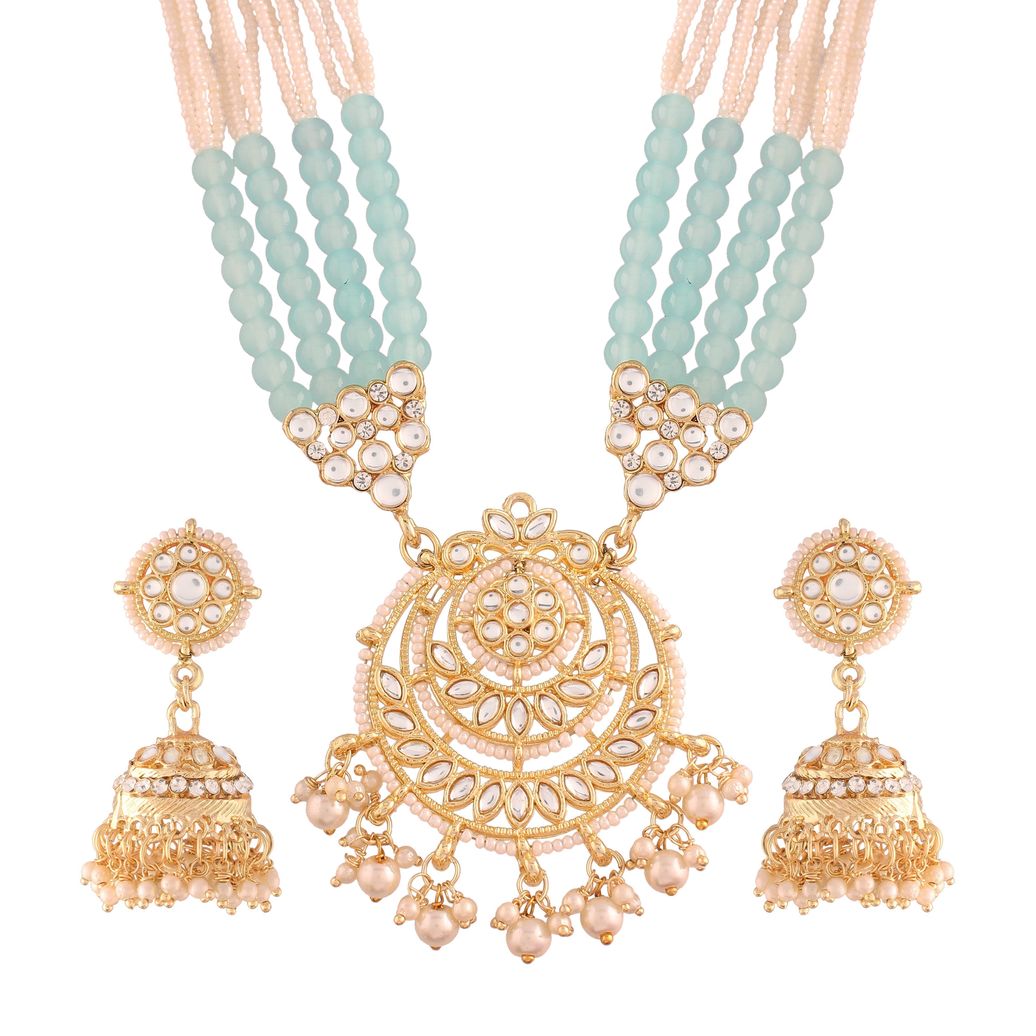 Women's Gold Plated Turquoise Ethnic Kundan Pearl Studded Long Necklace Set - i jewels