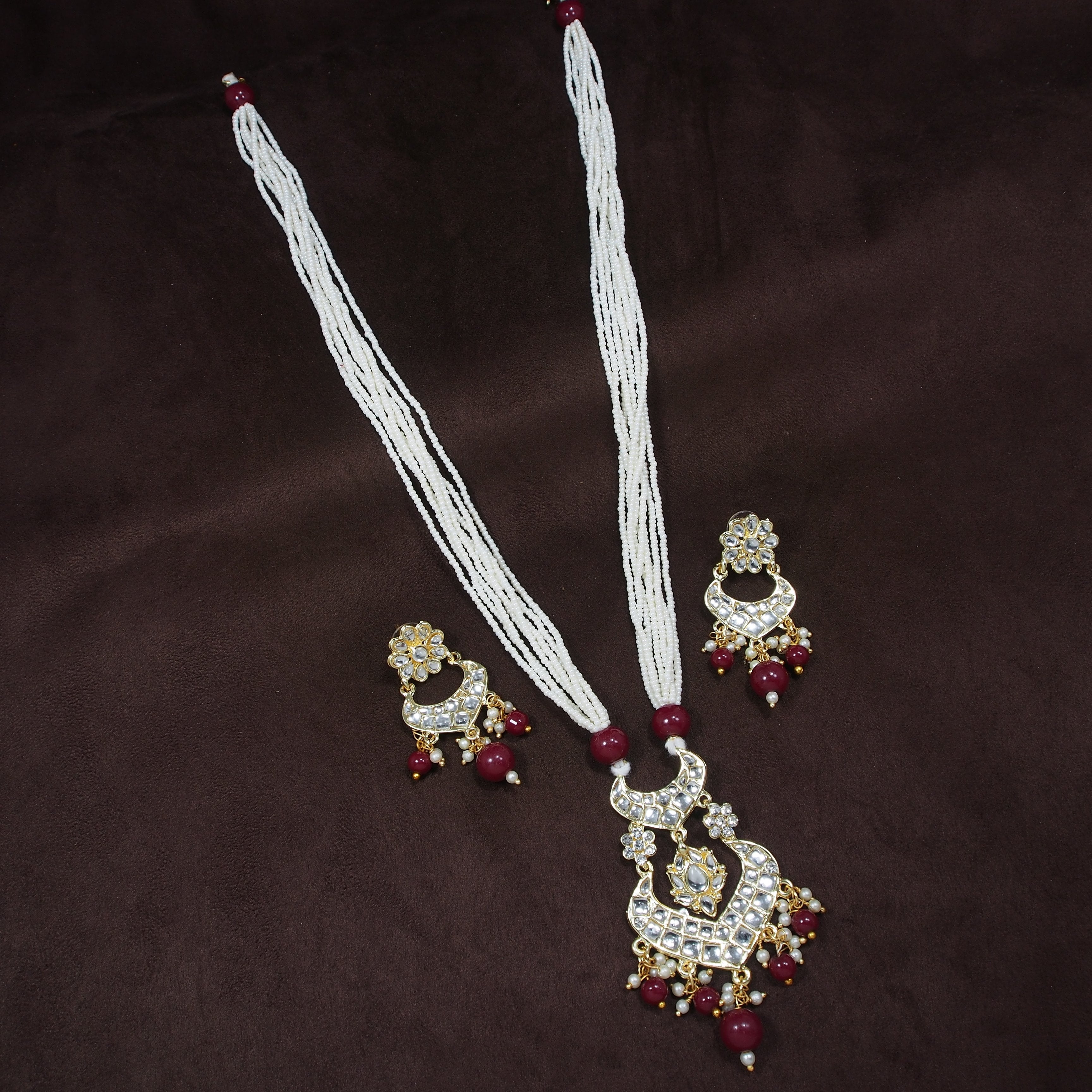 Women's Gold PlatedMaroon Ethnic Kundan Pearl Studded Long Necklace Set - i jewels