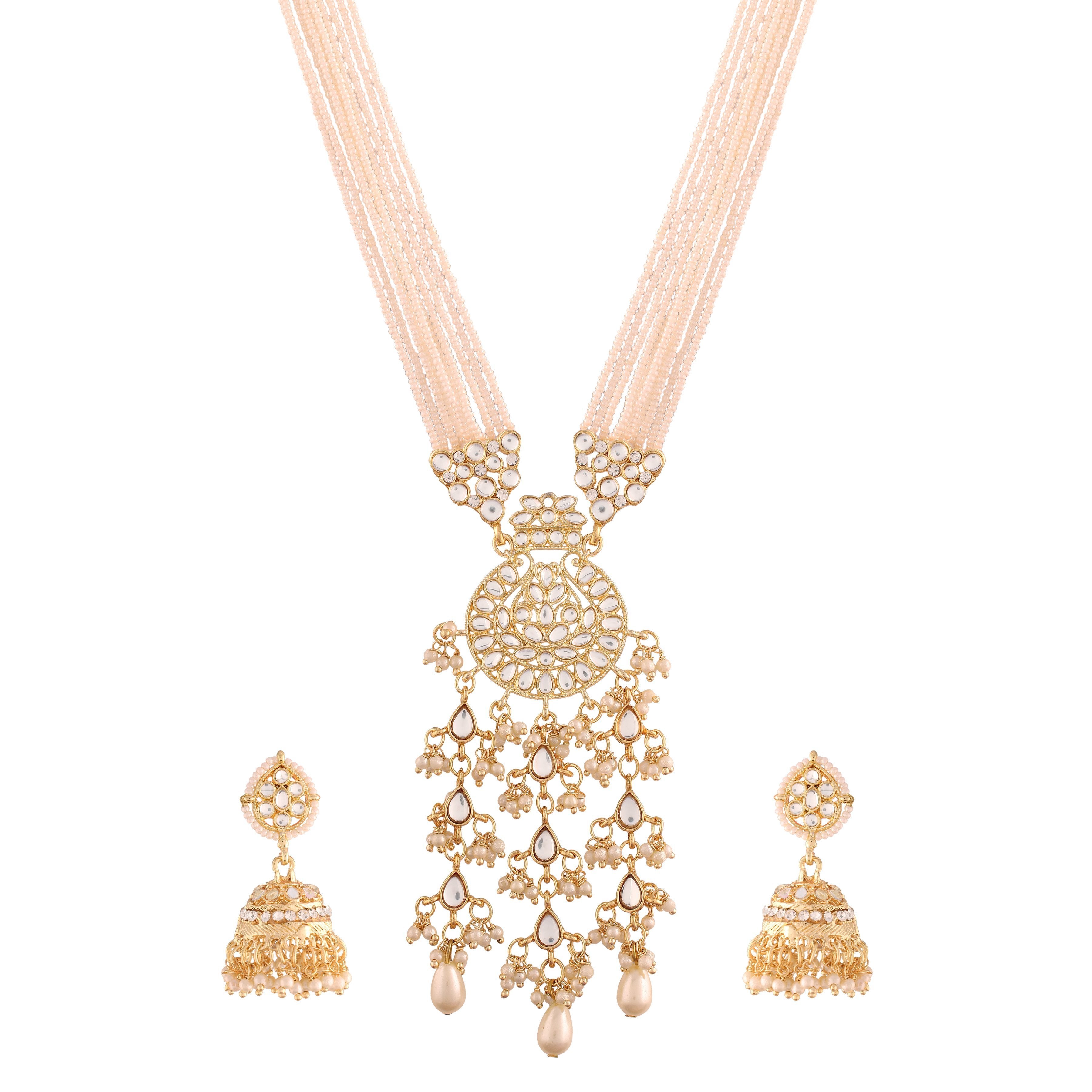 Women's Gold Plated White Ethnic Kundan Pearl Studded Long Necklace Set - i jewels