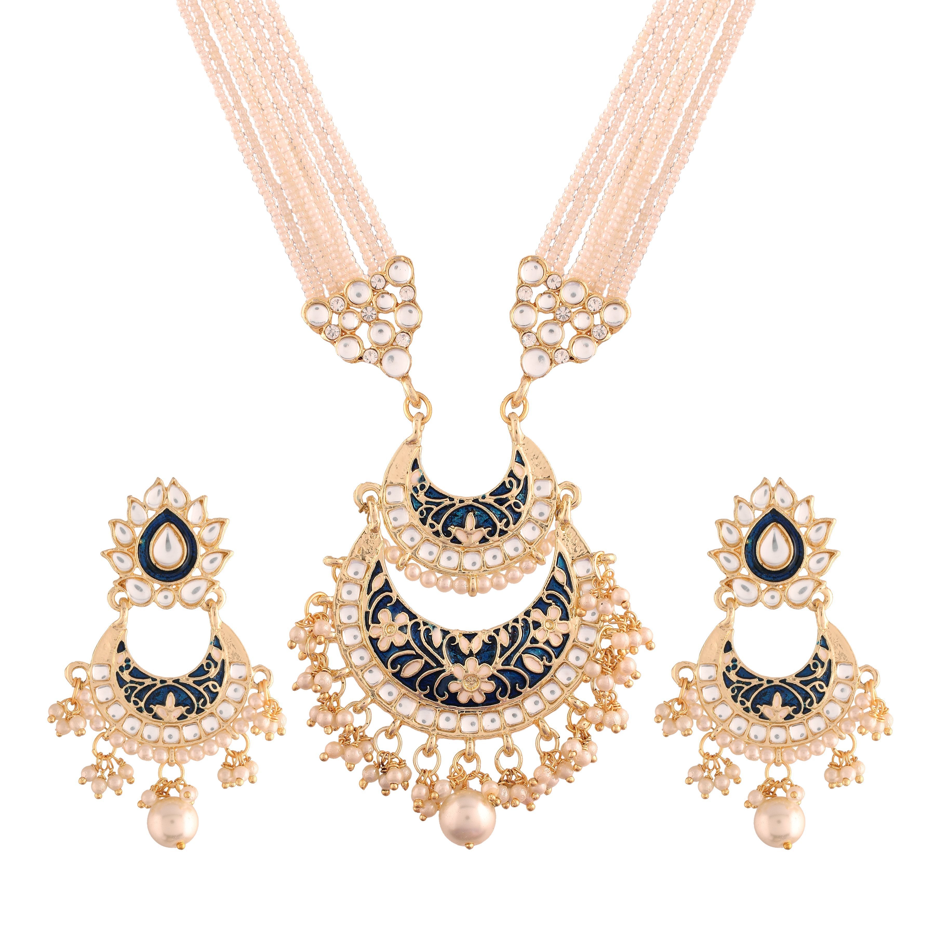 Women's Gold Plated Blue Ethnic Kundan Pearl Studded Meenakari Long Necklace Set - i jewels