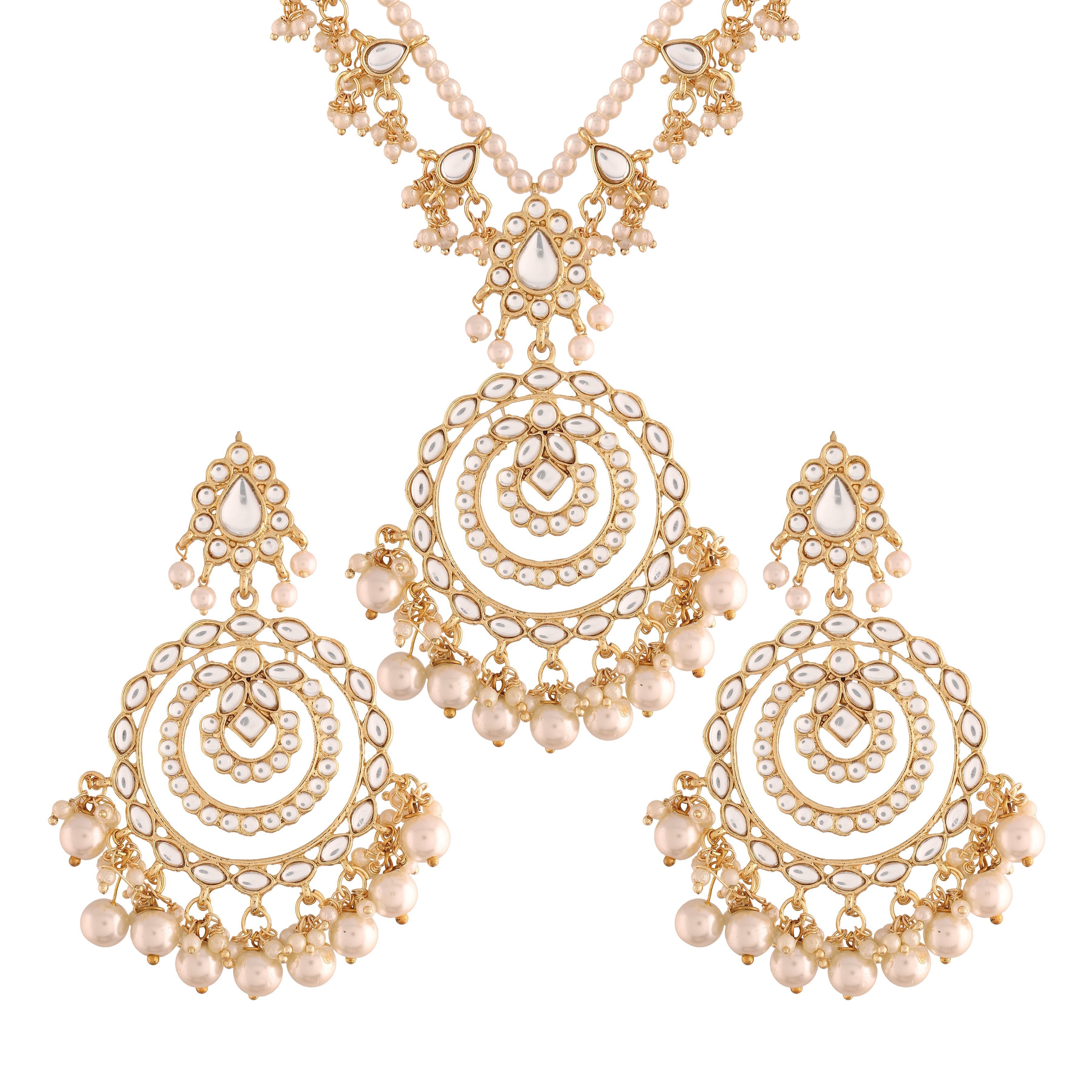 Women's Gold Plated White Ethnic Multi Layer Kundan Pearl Studded Long Necklace Set - i jewels
