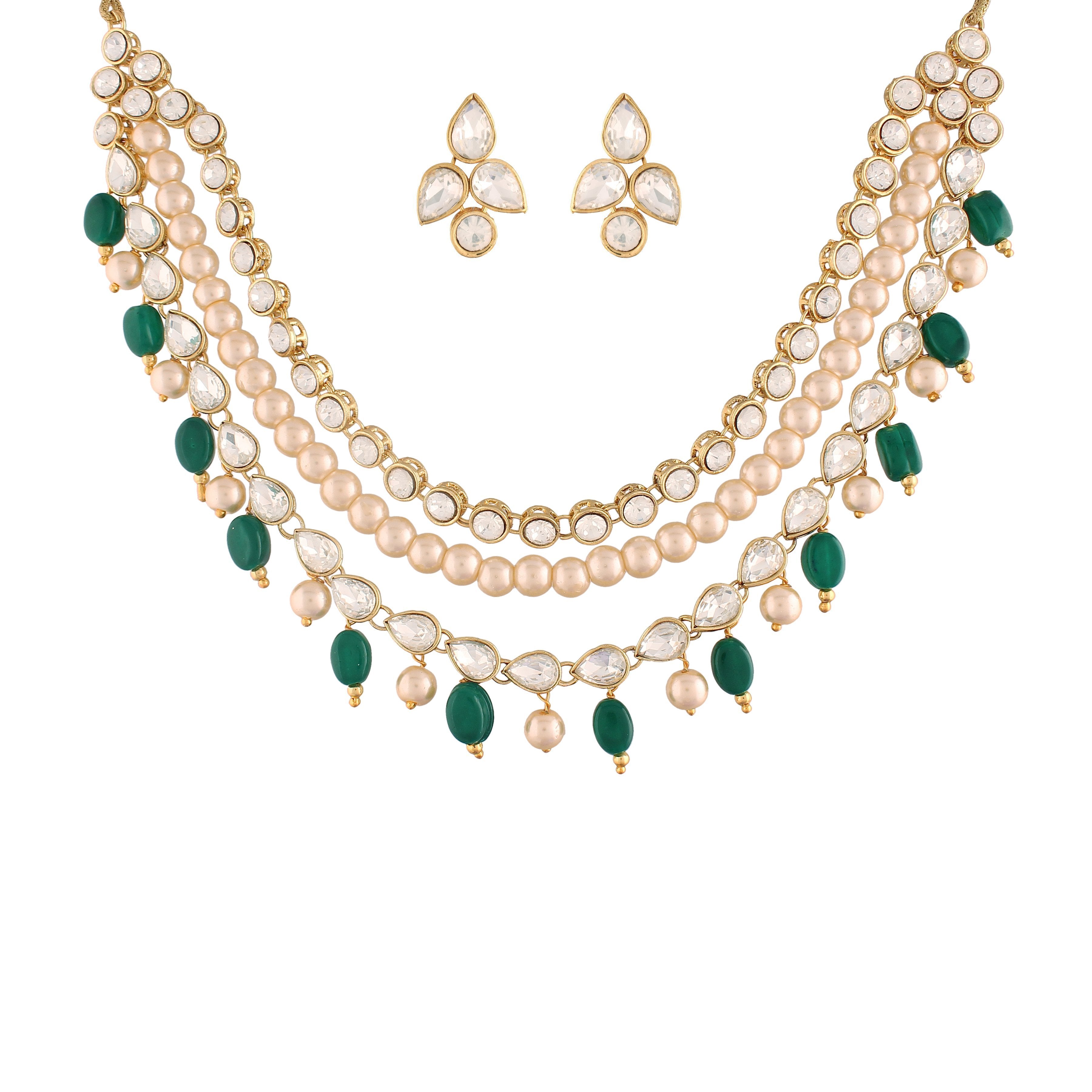 Women's  Gold Plated Pearl Studded & Beaded Necklace  Green Jewellery Set - i jewels