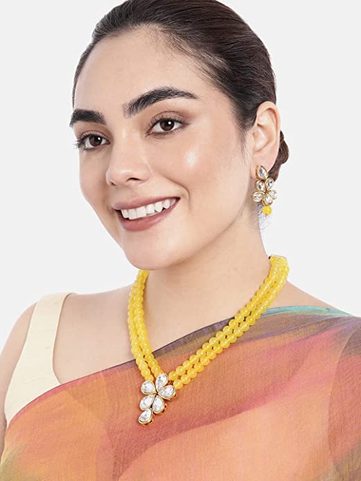 Women's 18k Gold Plated Traditional Kundan & Pearl Studded Necklace Jewellery Set ML311