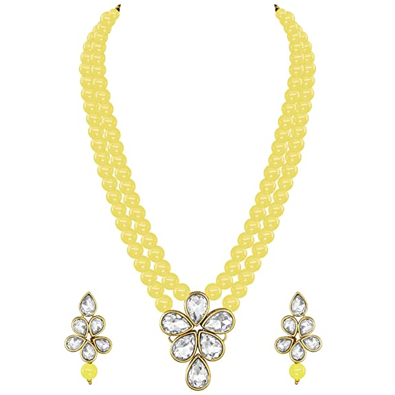 Women's 18k Gold Plated Traditional Kundan & Pearl Studded Necklace Jewellery Set ML311
