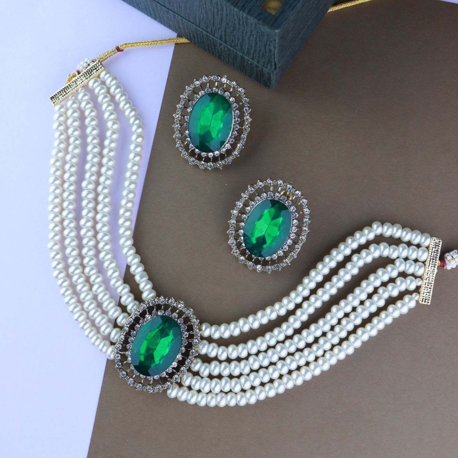 Women's Gold Plated Traditional Green Stone Studded Pearl Choker Necklace Jewellery Set  - I Jewels