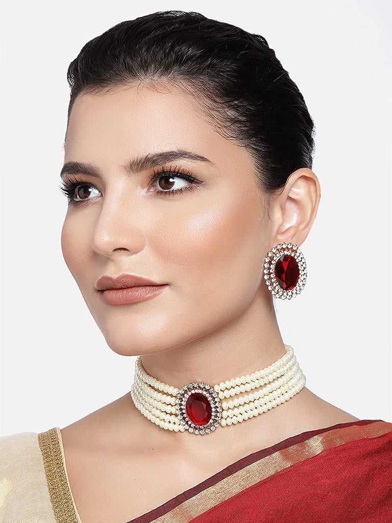 Women's Gold Plated Traditional Green Stone Studded Pearl Choker Necklace Jewellery Set