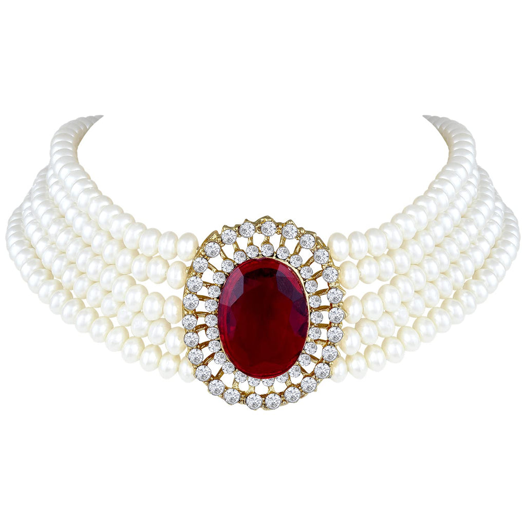 Women's Gold Plated Traditional Green Stone Studded Pearl Choker Necklace Jewellery Set