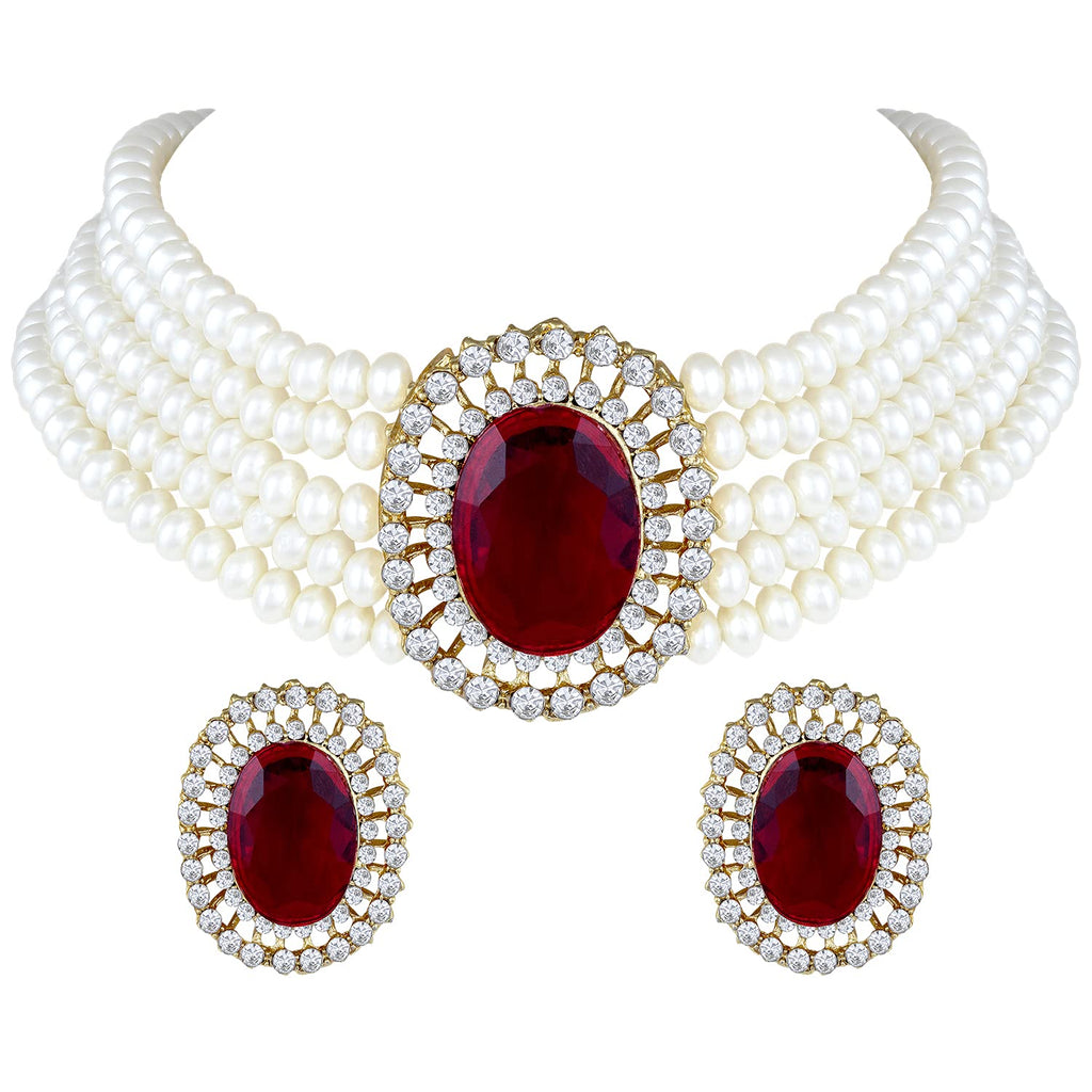 Women's Gold Plated Traditional Green Stone Studded Pearl Choker Necklace Jewellery Set