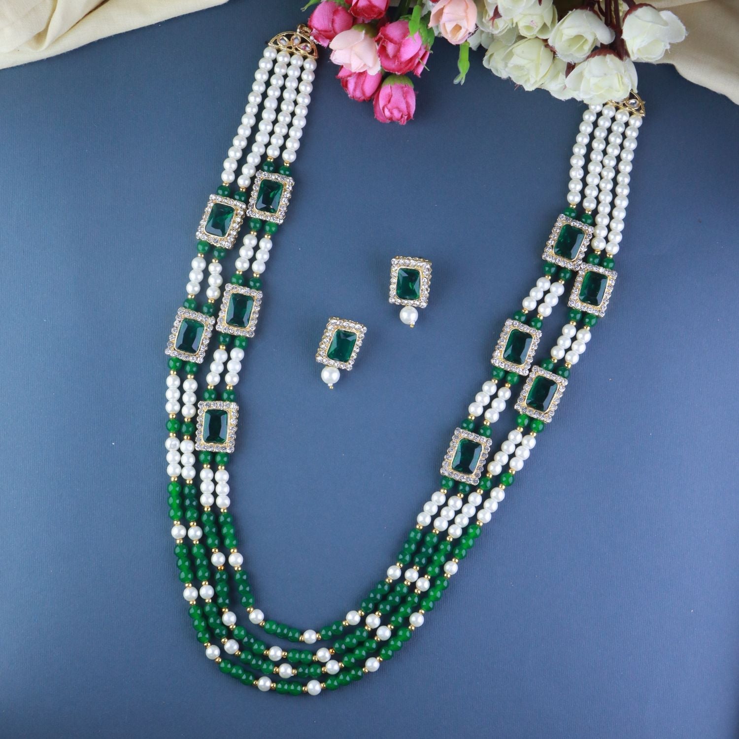 Women's 18K Gold Plated Traditional Green Stone Studded Multi Strand Long Pearl Necklace Jewellery with Stud Earrings Set  - I Jewels