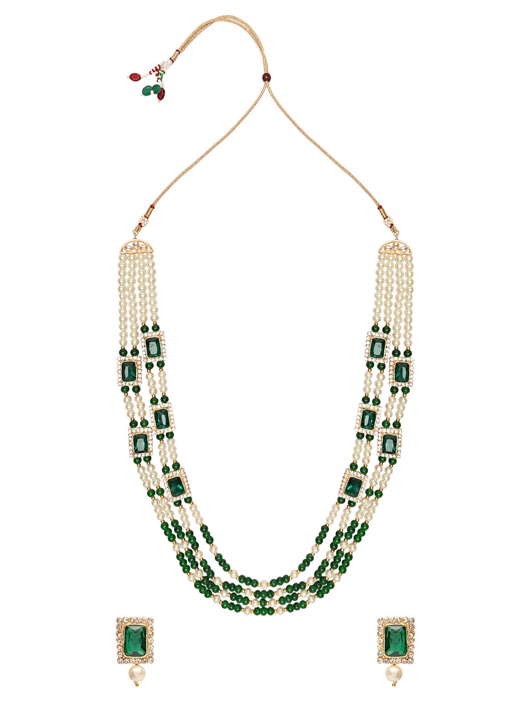 Women's 18K Gold Plated Traditional Green Stone Studded Multi Strand Long Pearl Necklace Jewellery with Stud Earrings Set  - I Jewels