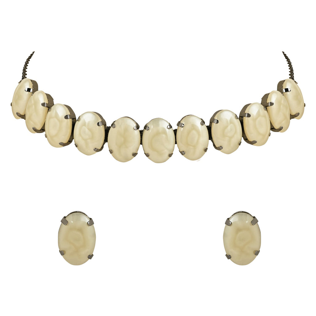 Women's Glamorous Fashionable Eye-Catching Cream Beaded Choker and Earrings Set