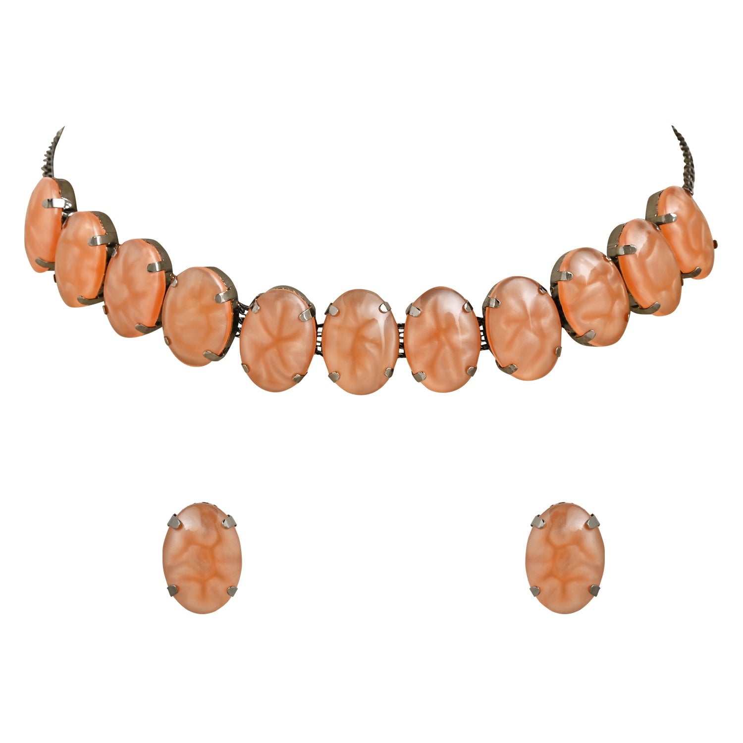 Women's Glamorous Fashionable Eye-Catching Peach Beaded Choker and Earrings Set  - I Jewels