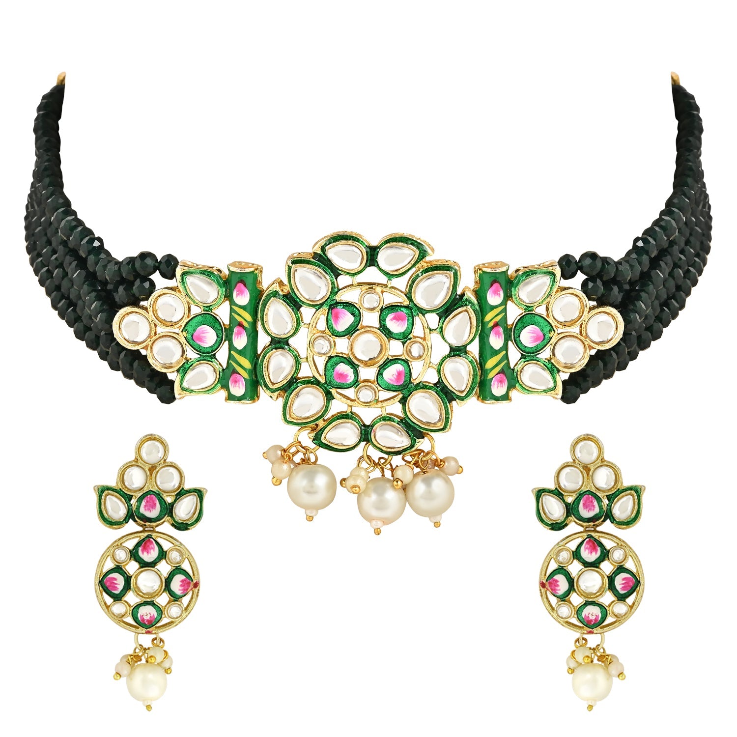Women's Gold Plated Traditional Pearl Kundan Studded Meenakari Choker Necklace With Earring Set  - I Jewels