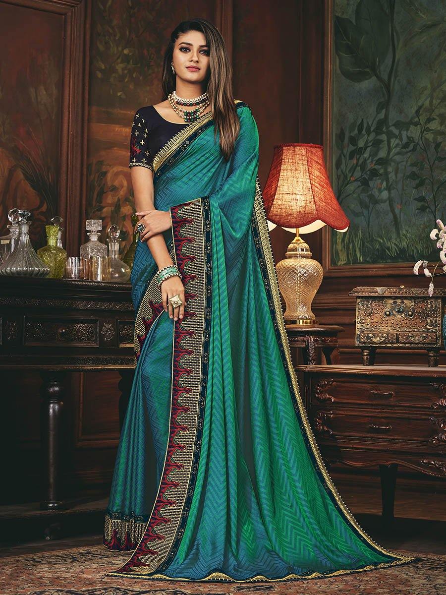 Women's Blue and Green Silk Embroidered Party Wear Saree-Myracouture