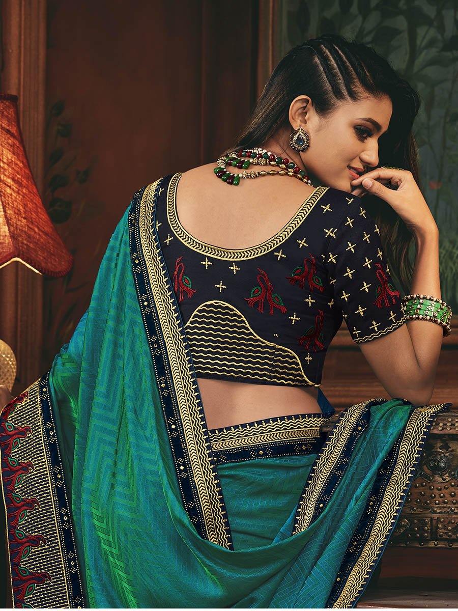 Women's Blue and Green Silk Embroidered Party Wear Saree-Myracouture