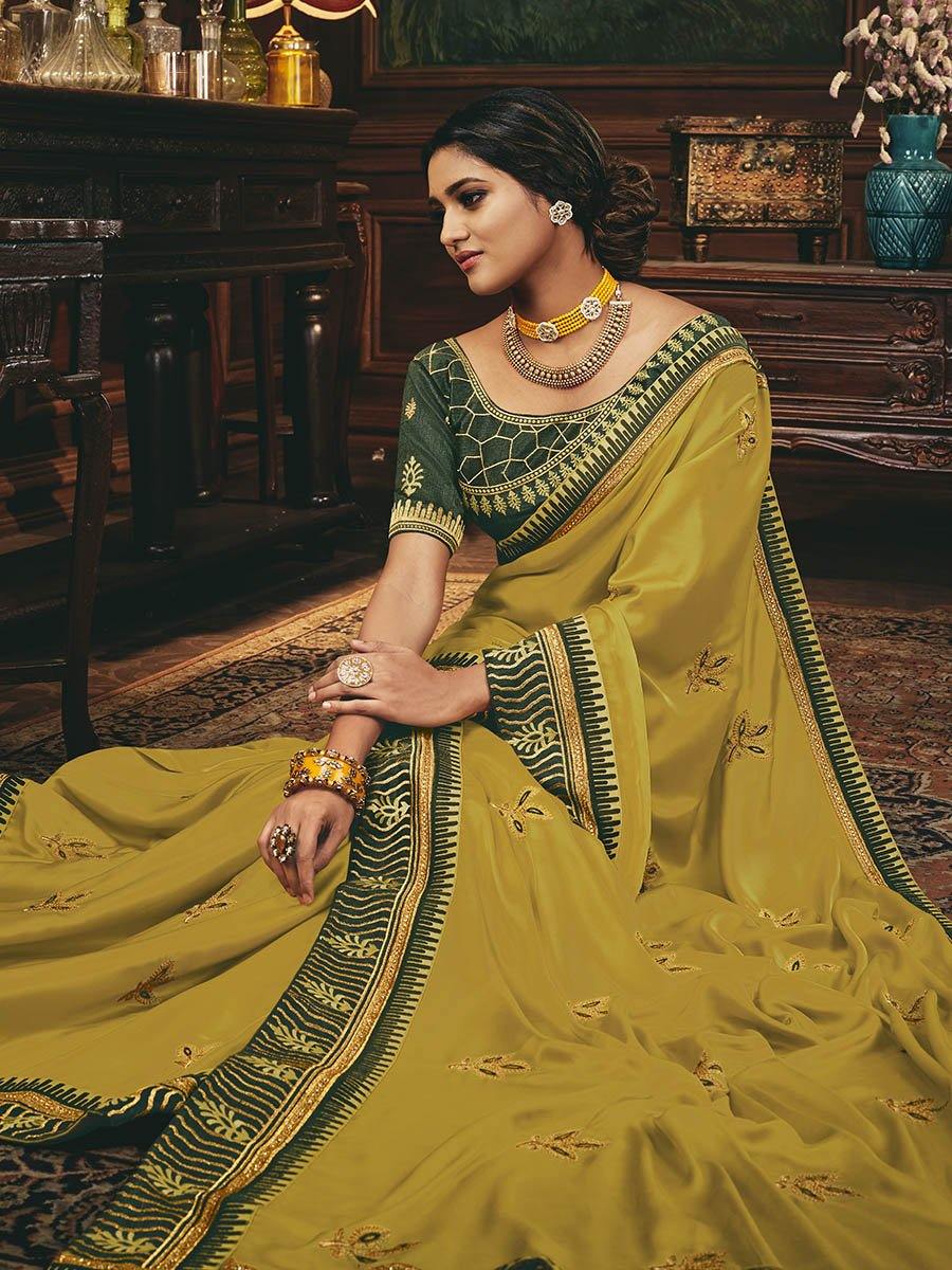 Women's Mustard Yellow and Green Silk Embroidered Party Wear Saree-Myracouture