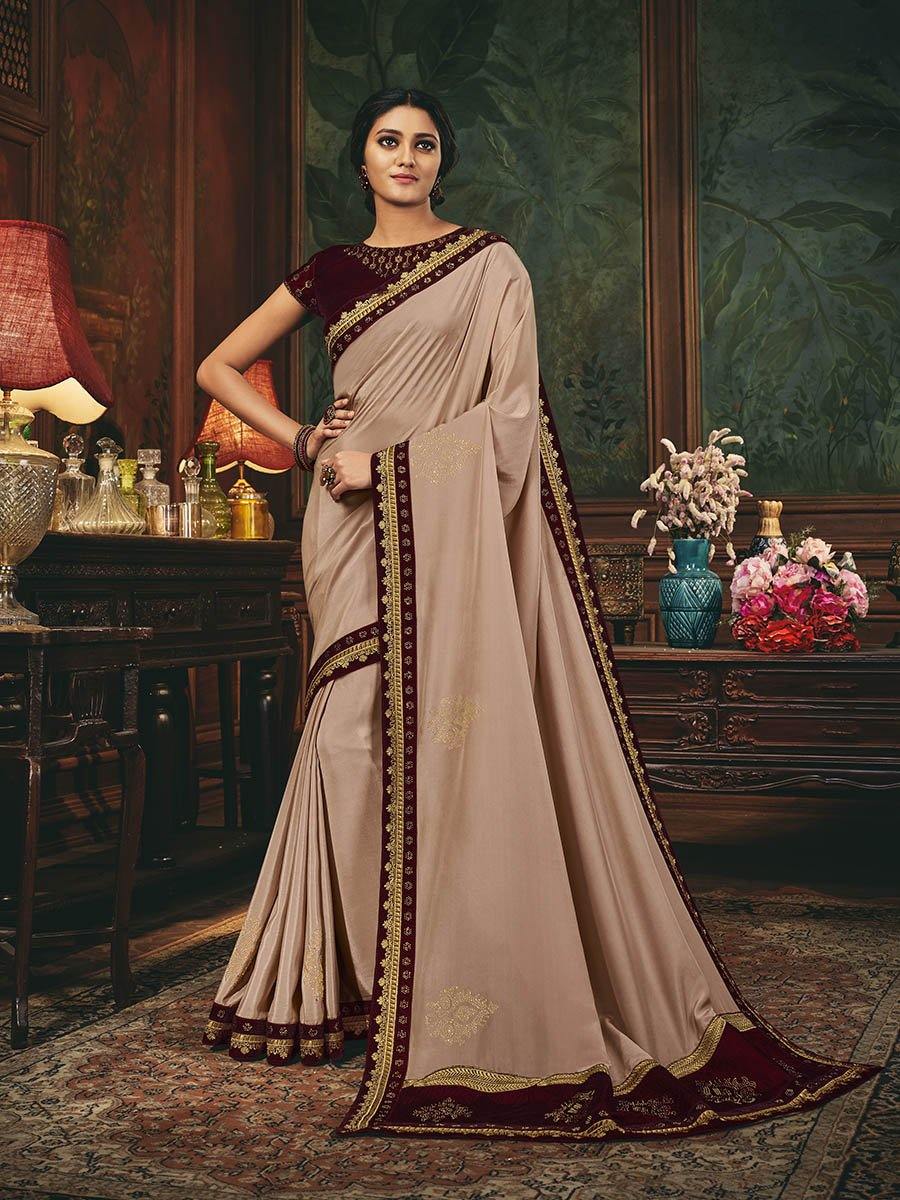 Women's Wine and Dusty Peach Silk Embroidered Party Wear Saree-Myracouture