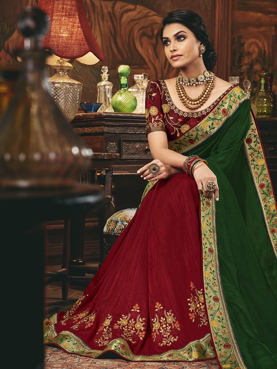 Women's Green and Maroon Silk Embroidered Party Wear Saree-Myracouture