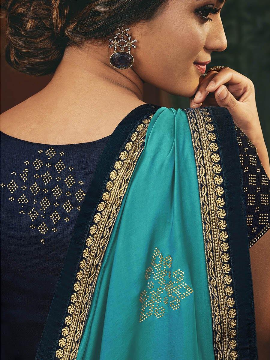 Women's Sky Blue and Navy Blue Silk Embroidered Party Wear Saree-Myracouture