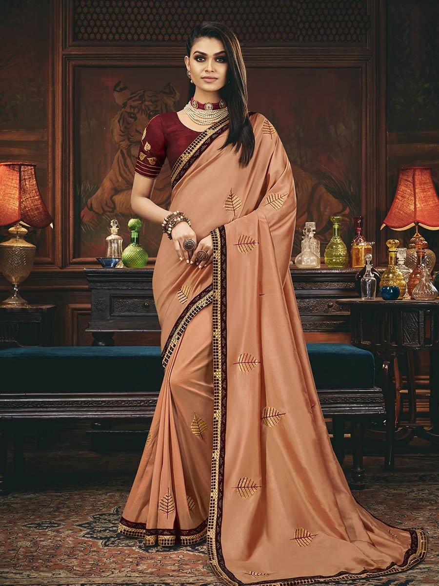 Women's Maroon and Peach Silk Embroidered Party Wear Saree-Myracouture