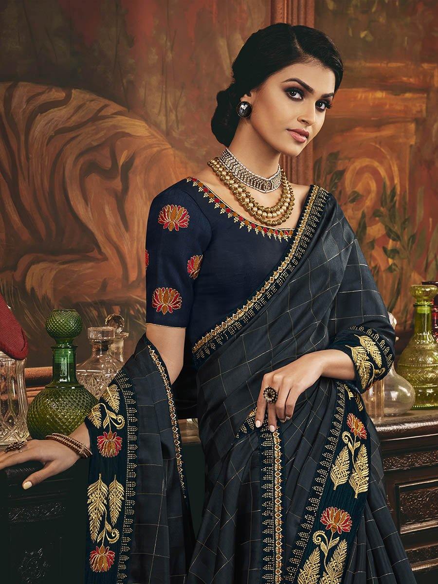 Women's Navy Blue Silk Embroidered Party Wear Saree-Myracouture
