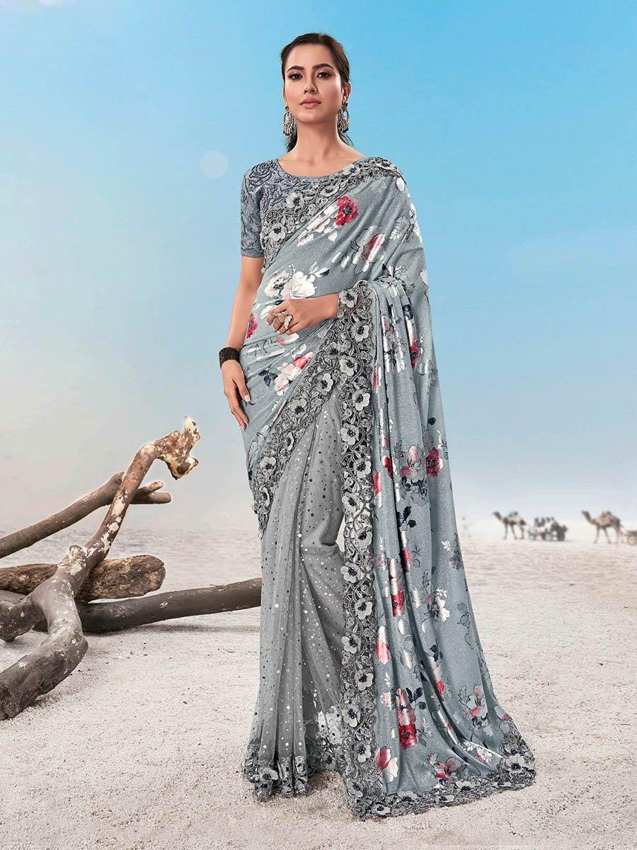 Women's Grey Fancy Fabric Heavy Embroidered Saree-Myracouture