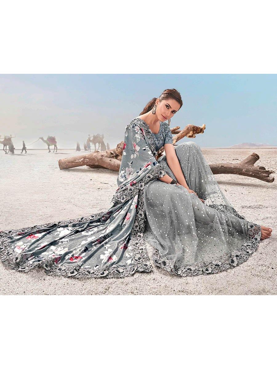 Women's Grey Fancy Fabric Heavy Embroidered Saree-Myracouture
