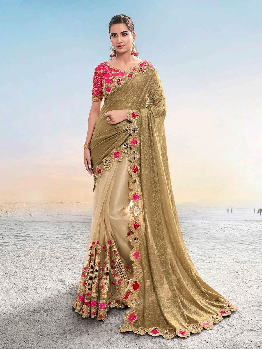 Women's Beige Fancy Fabric Heavy Embroidered Saree-Myracouture