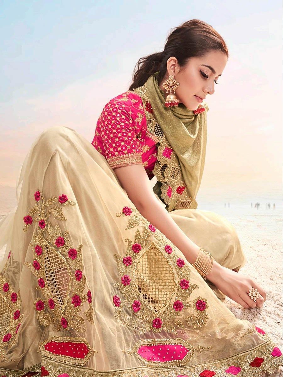 Women's Beige Fancy Fabric Heavy Embroidered Saree-Myracouture