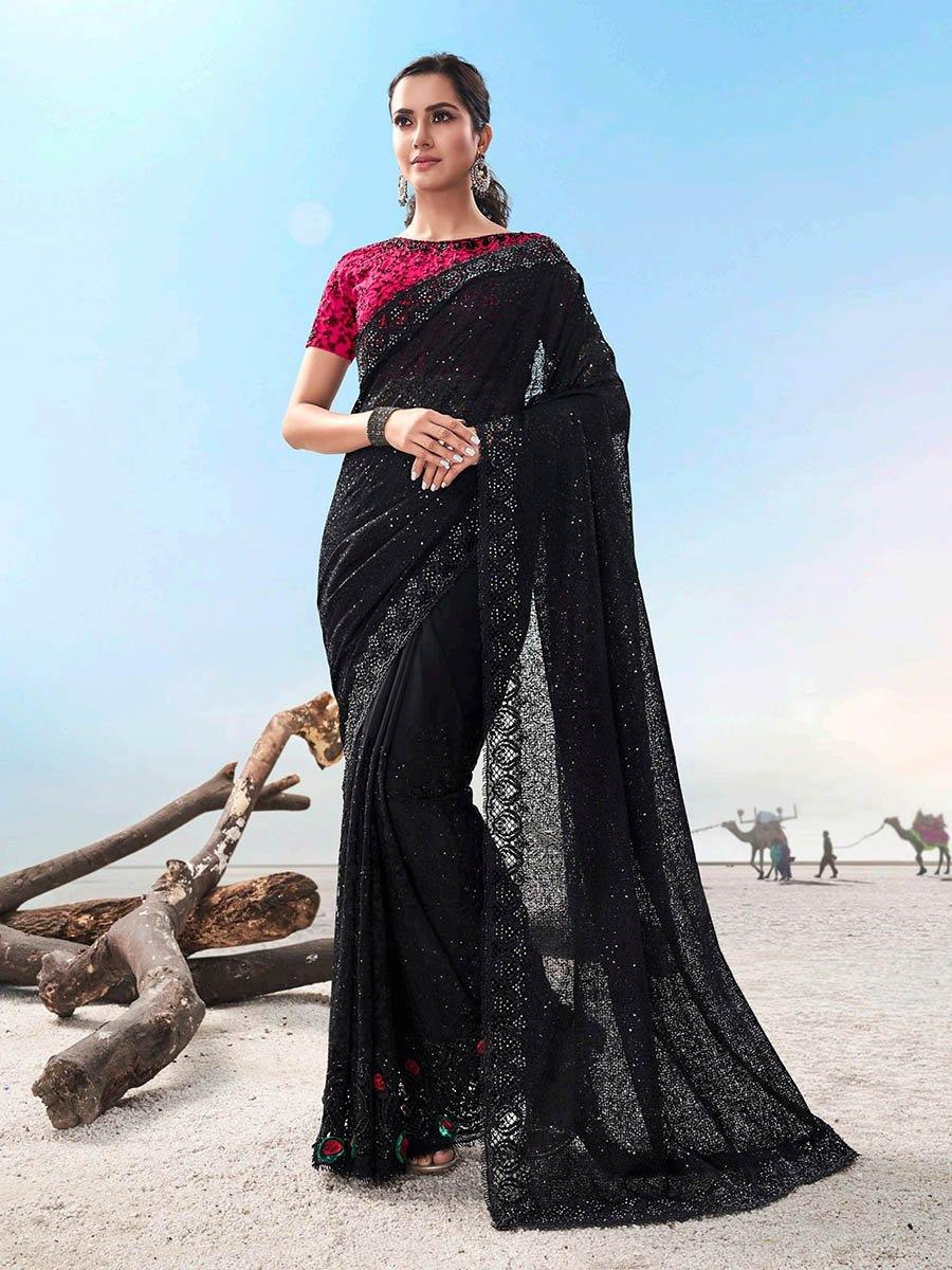 Women's Black Fancy Fabric Heavy Embroidered Saree-Myracouture