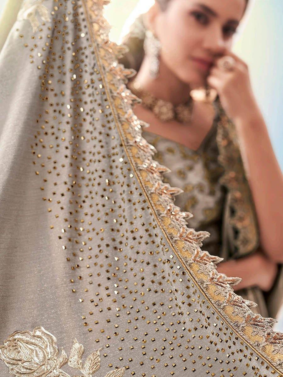 Women's Grey Silk Embroidered Saree-Myracouture