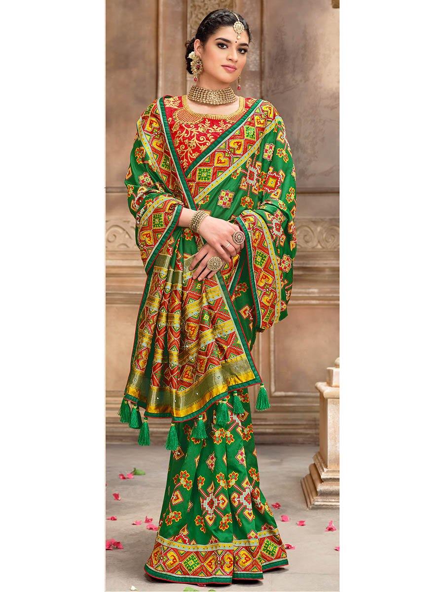 Women's Green & Red Pure Silk Embroidered Saree-Myracouture