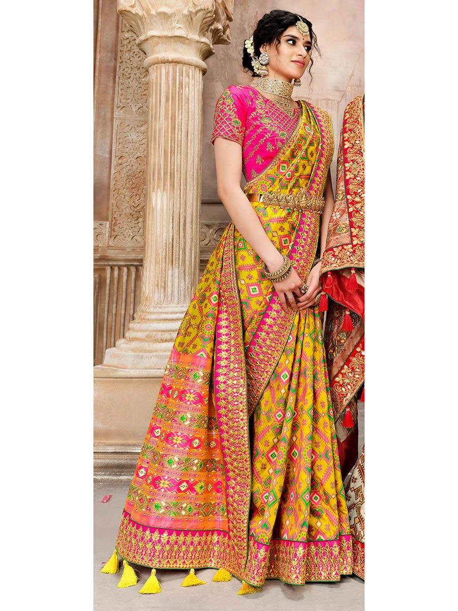 Women's Yellow & Pink Silk Embroidered Saree-Myracouture