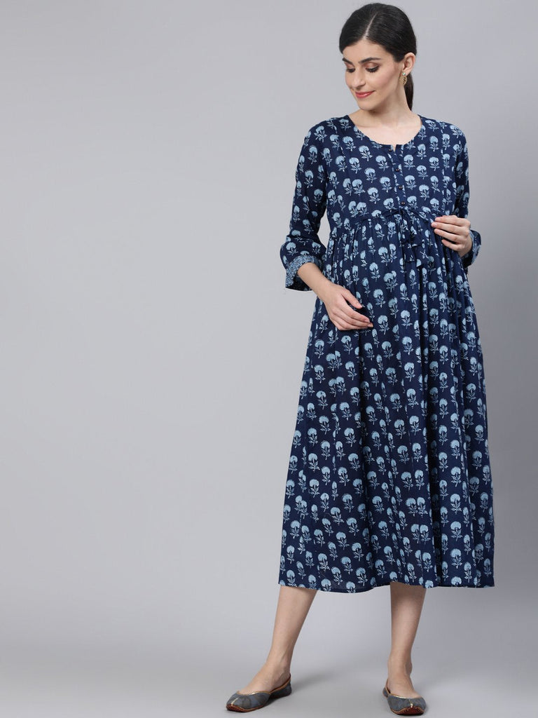 Women's Blue Floral Printed Maternity Dress With Three Quarter Sleeves