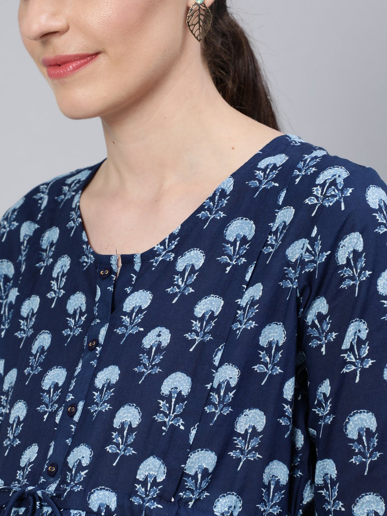 Women's Blue Floral Printed Maternity Dress With Three Quarter Sleeves