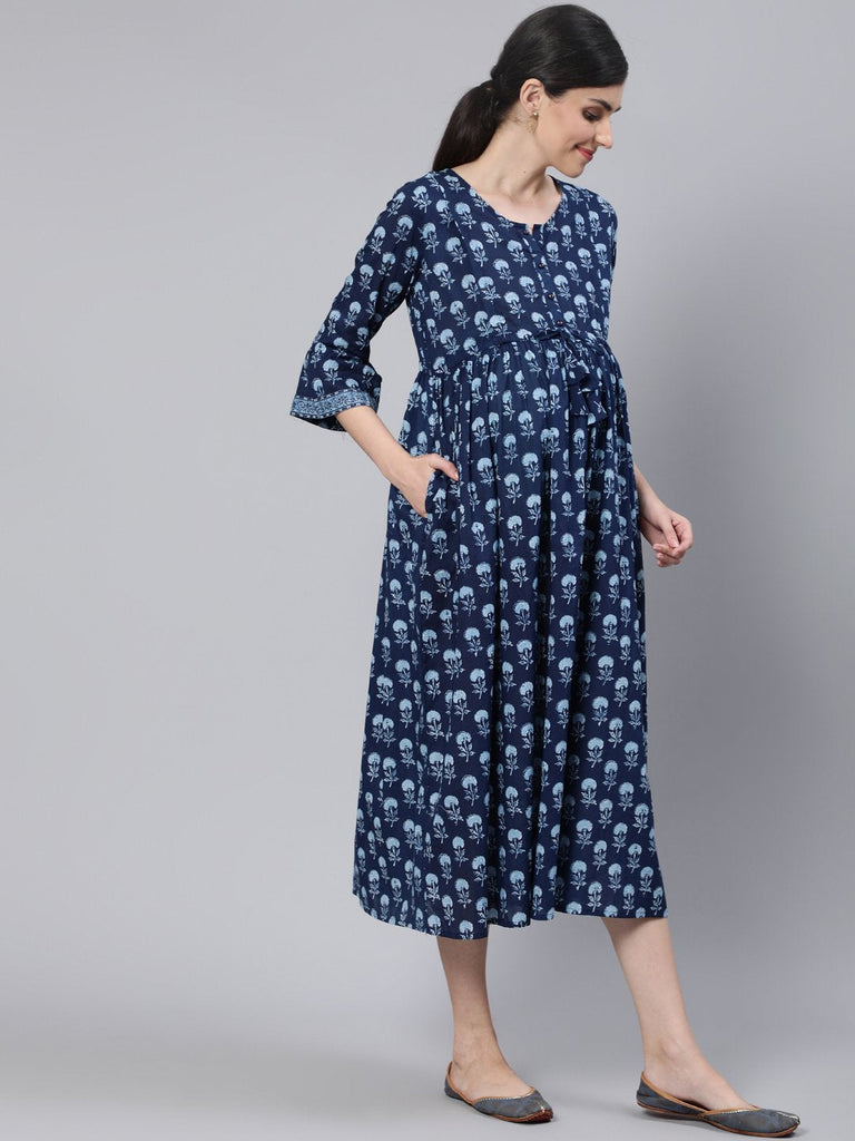 Women's Blue Floral Printed Maternity Dress With Three Quarter Sleeves
