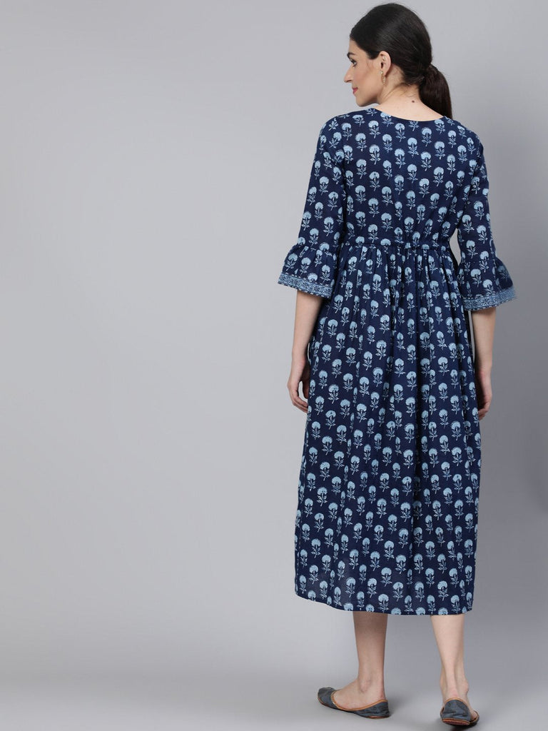 Women's Blue Floral Printed Maternity Dress With Three Quarter Sleeves