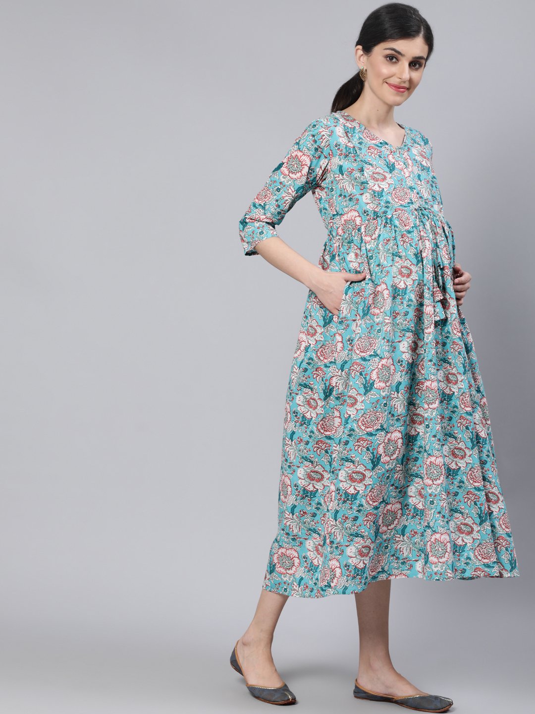 Women's Blue Floral Printed Maternity Dress With Three Quarter Sleeves - Nayo Clothing