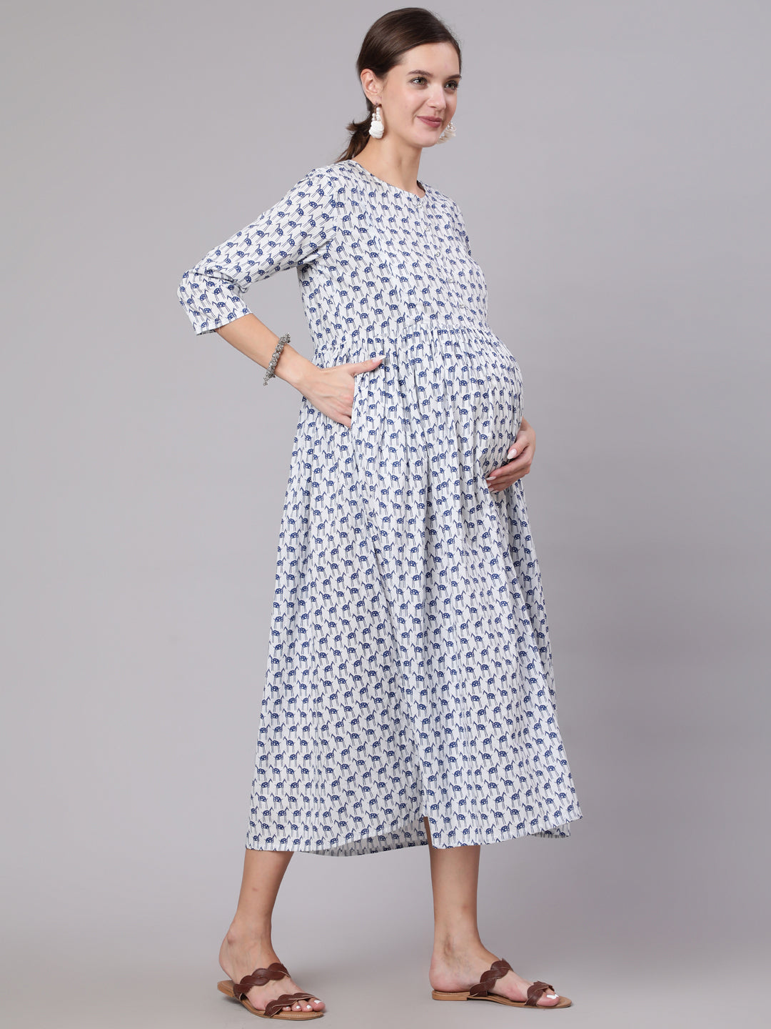 Women's White And Blue Animal Printed Flared Maternity Dress - Nayo Clothing