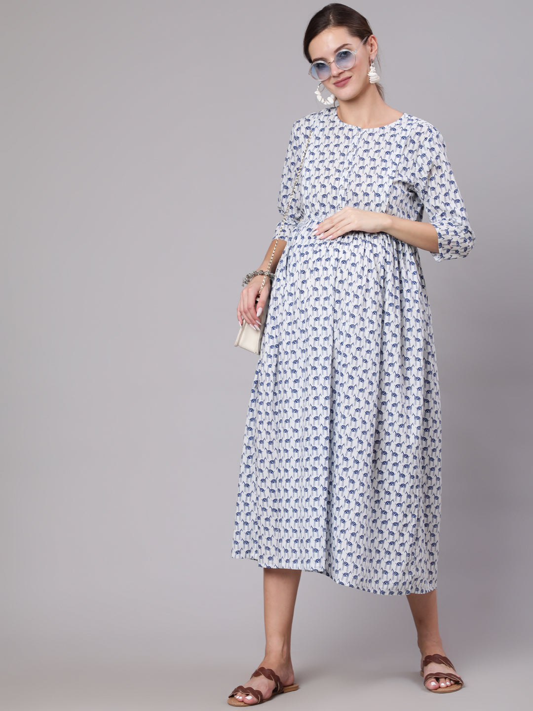 Women's White And Blue Animal Printed Flared Maternity Dress - Nayo Clothing