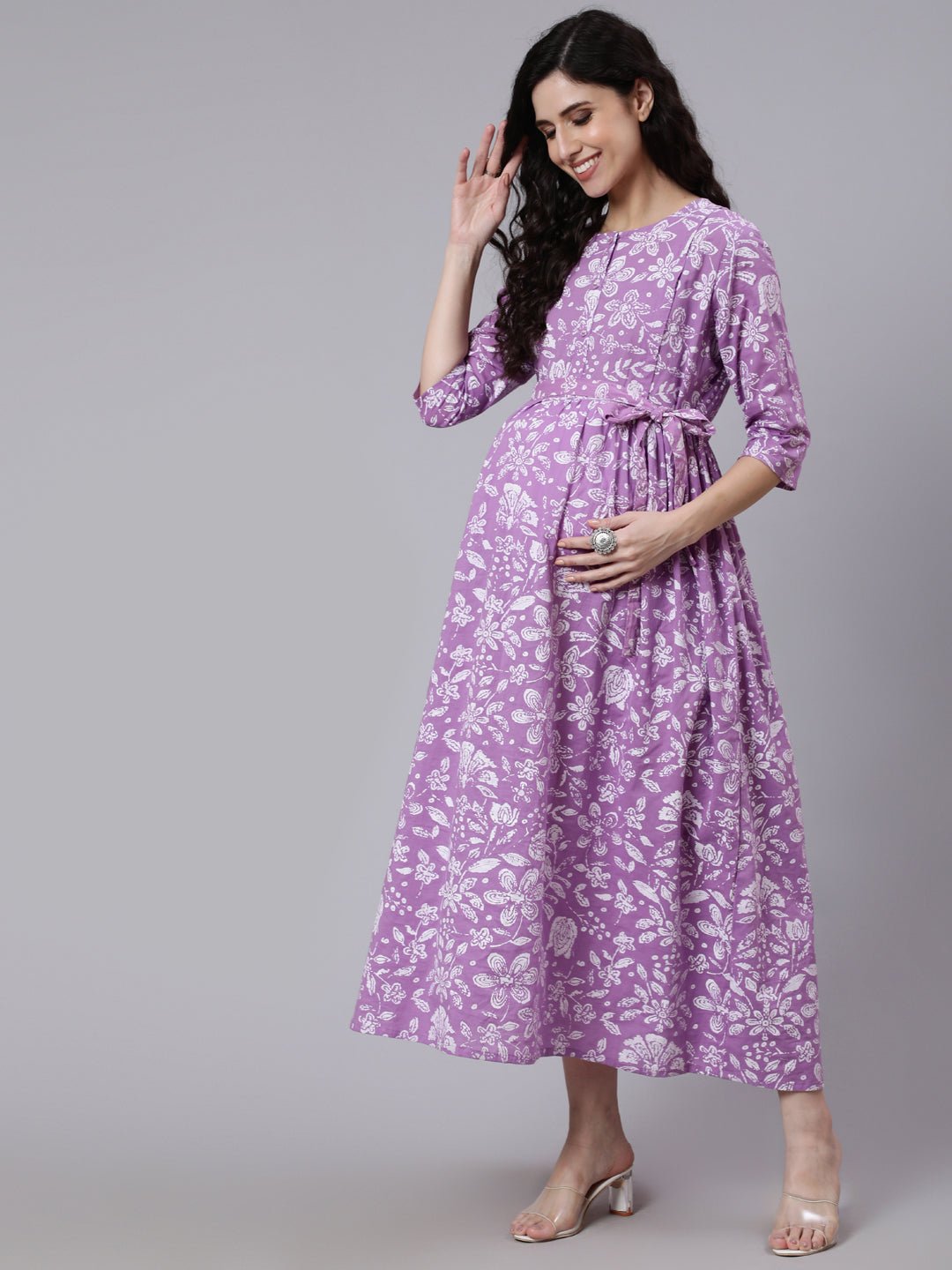 Women's Levender Printed Flared Maternity Dress - Nayo Clothing