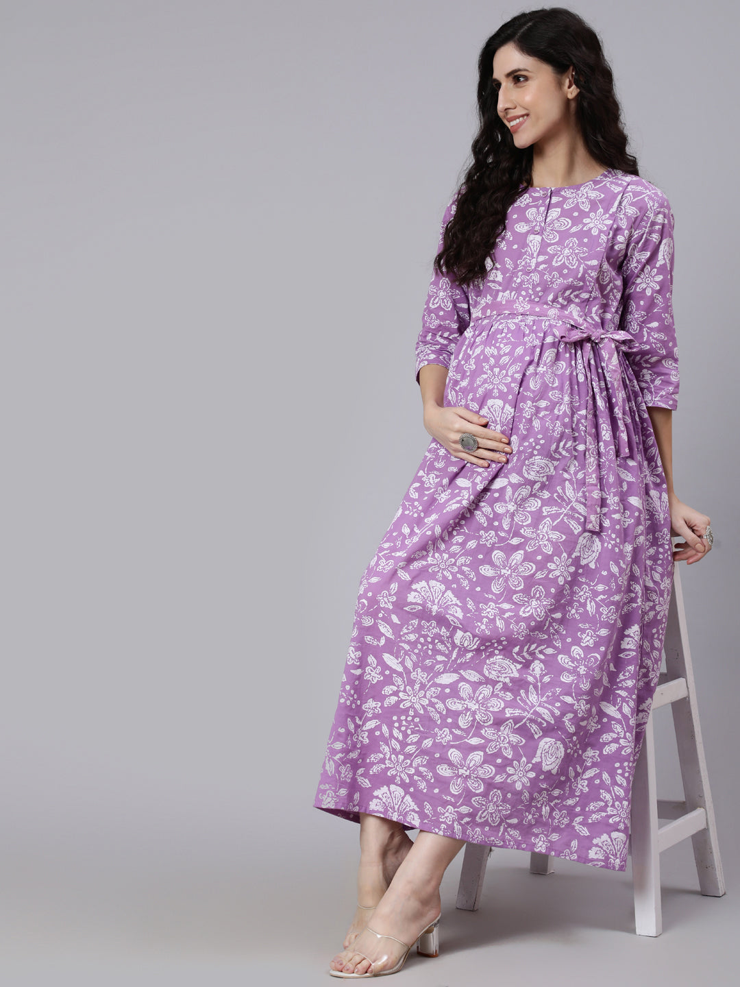Women's Levender Printed Flared Maternity Dress - Nayo Clothing