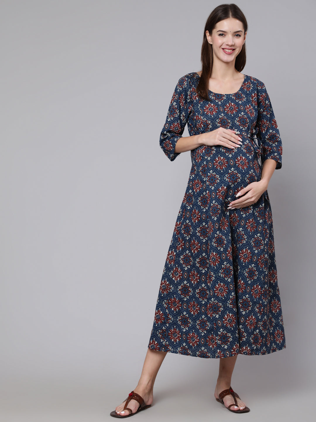 Women's Navy Blue Ethinc Printed Flared Maternity Dress - Nayo Clothing