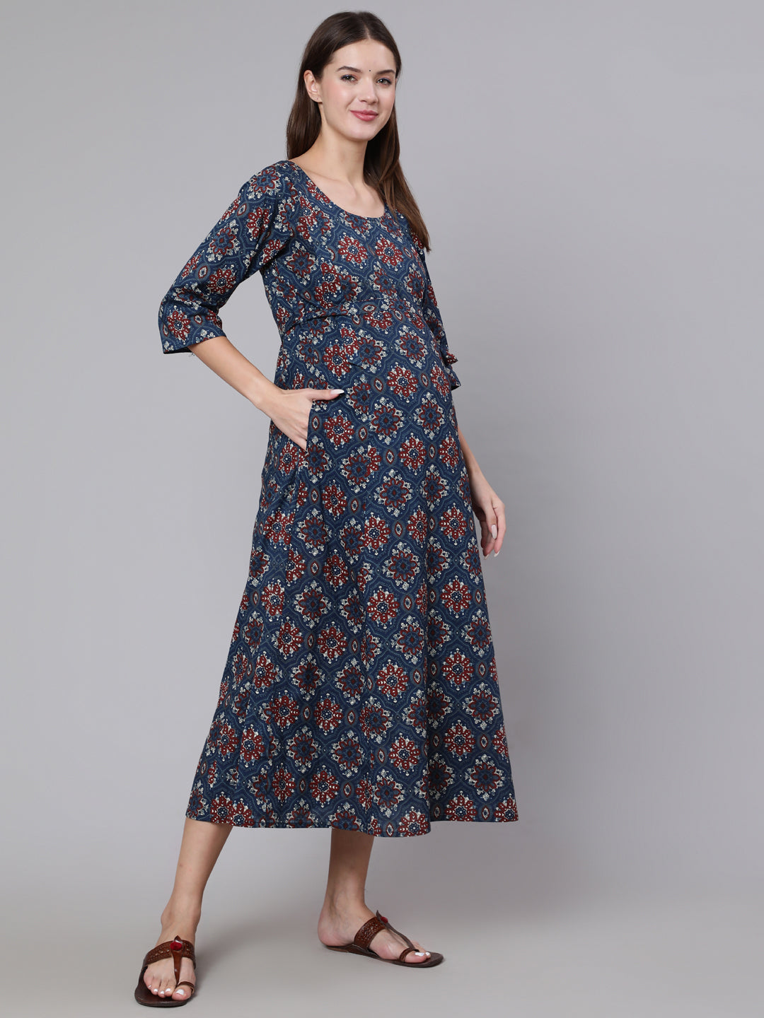 Women's Navy Blue Ethinc Printed Flared Maternity Dress - Nayo Clothing