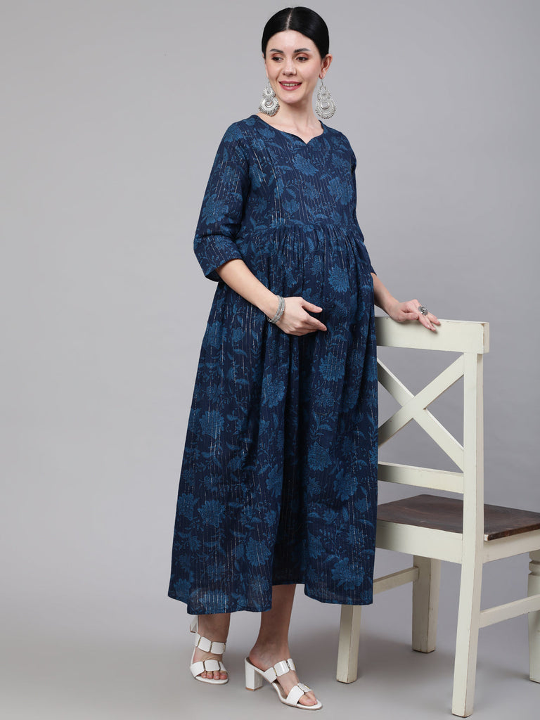 Women's Navy Blue Ethinc Printed Flared Maternity Dress